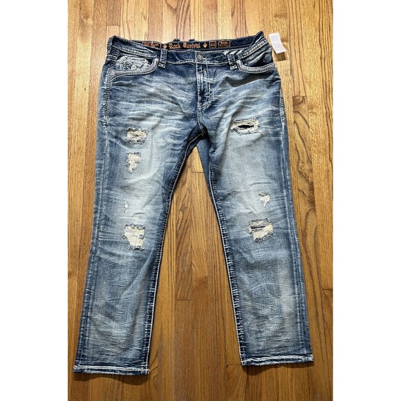 Rock Revival "Eithan" Relaxed Taper Stretch Distressed Jeans Medium Blue 44x30
